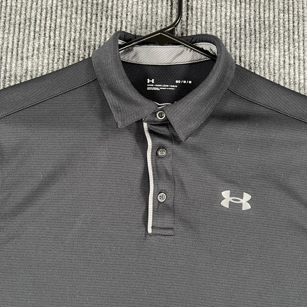 Under Armour Polo Shirt Mens Medium Black Short Sleeve Loose Fit Golf Outdoor